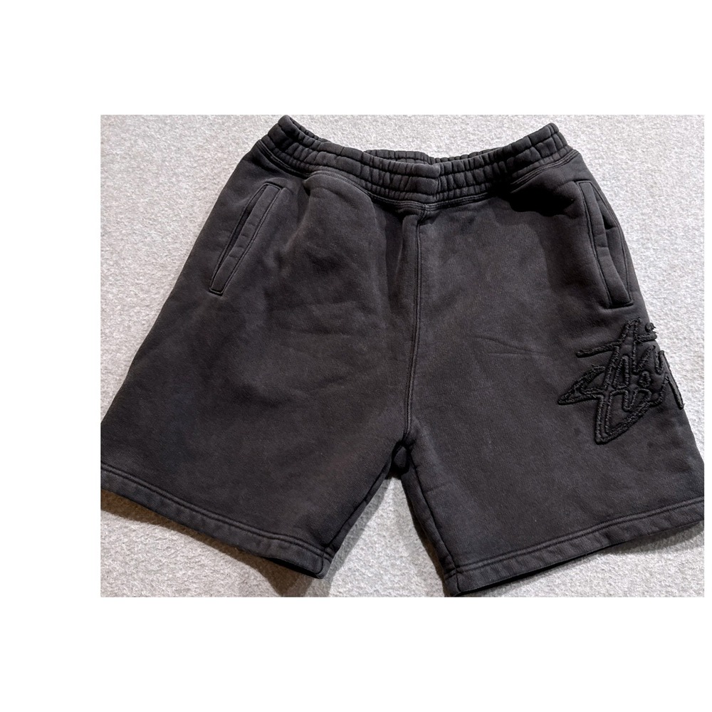 Stussy Fleece Tonal Applique Shorts Faded Black Embroidered Large Logo Mens M